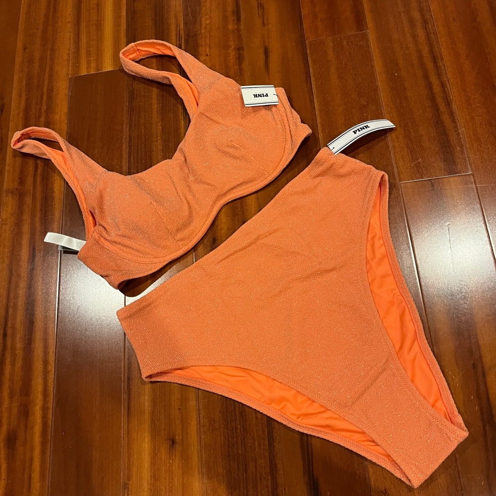 Victoria's Secret PINK Bikini Swim Set Orange Sparkle Textured New NWT Sz Large